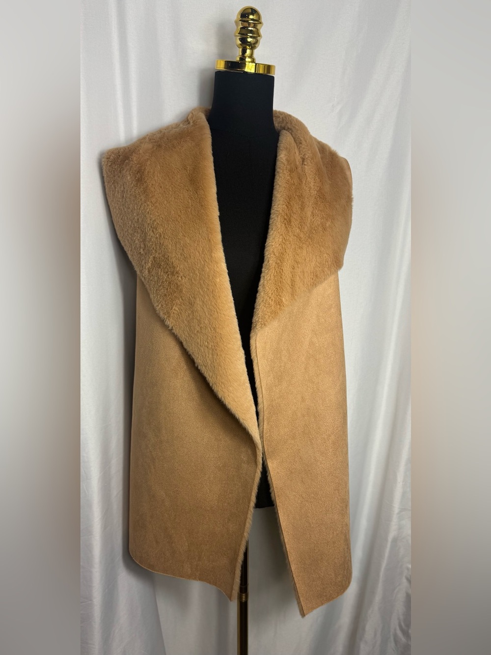 Twelfth Love Sherpa Coat Med Camel Faux Suede Cozy vest Open Front Cardigan